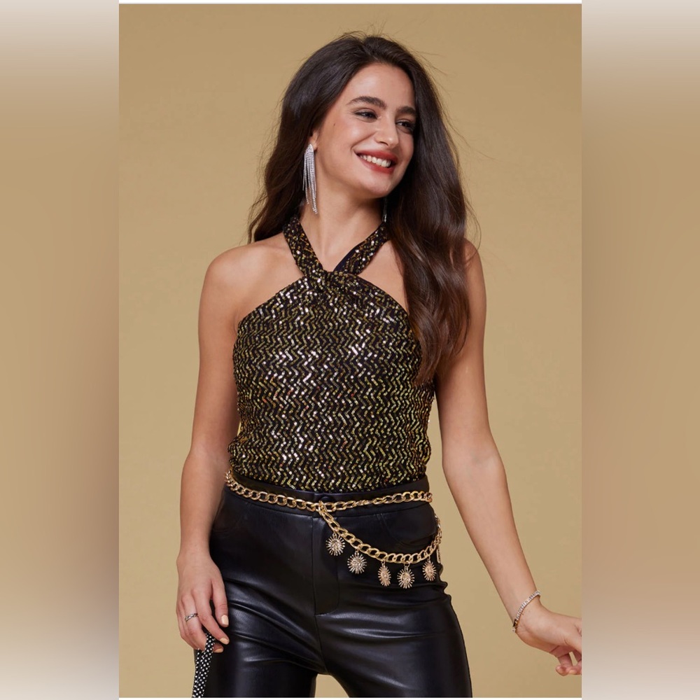 Grace Karin Womens Size M Gold Sequin Halter Neck Top Keyhole Front